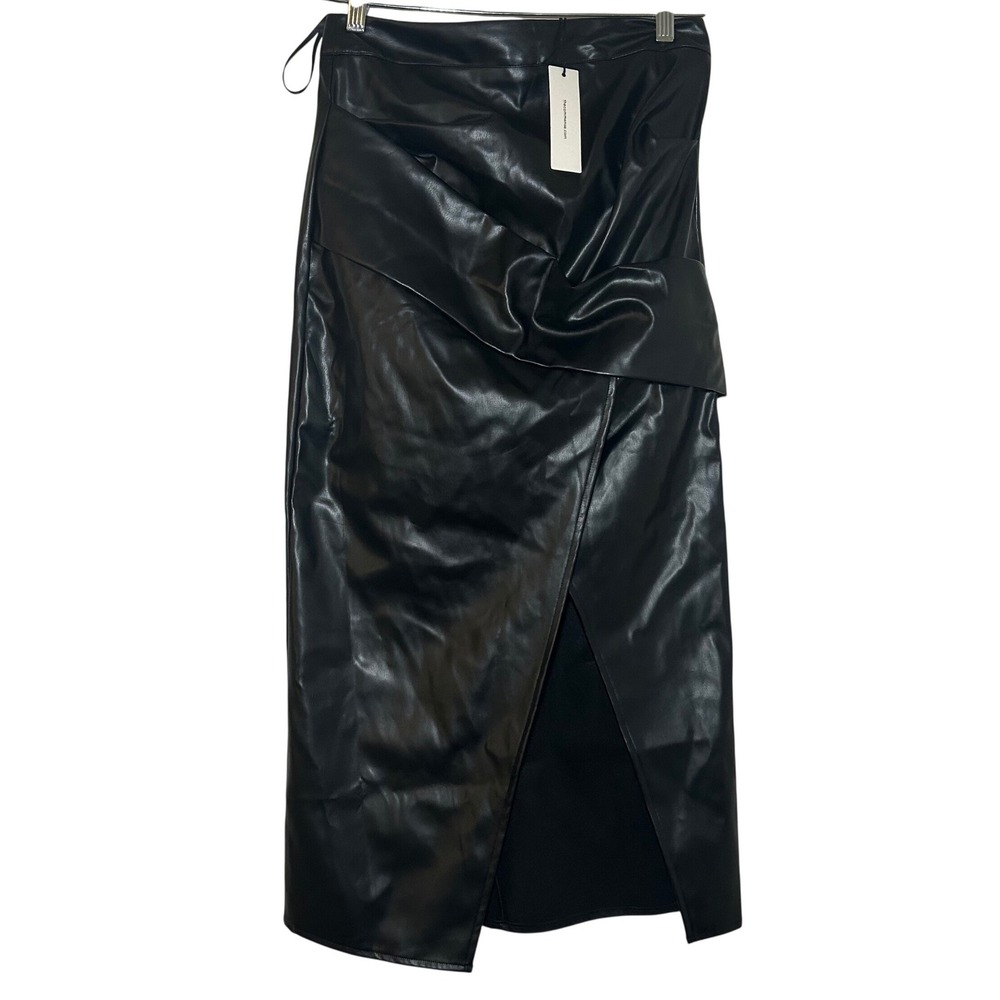 Commense Black Faux Leather Draped Wrap Midi Skirt Small going out party NWT